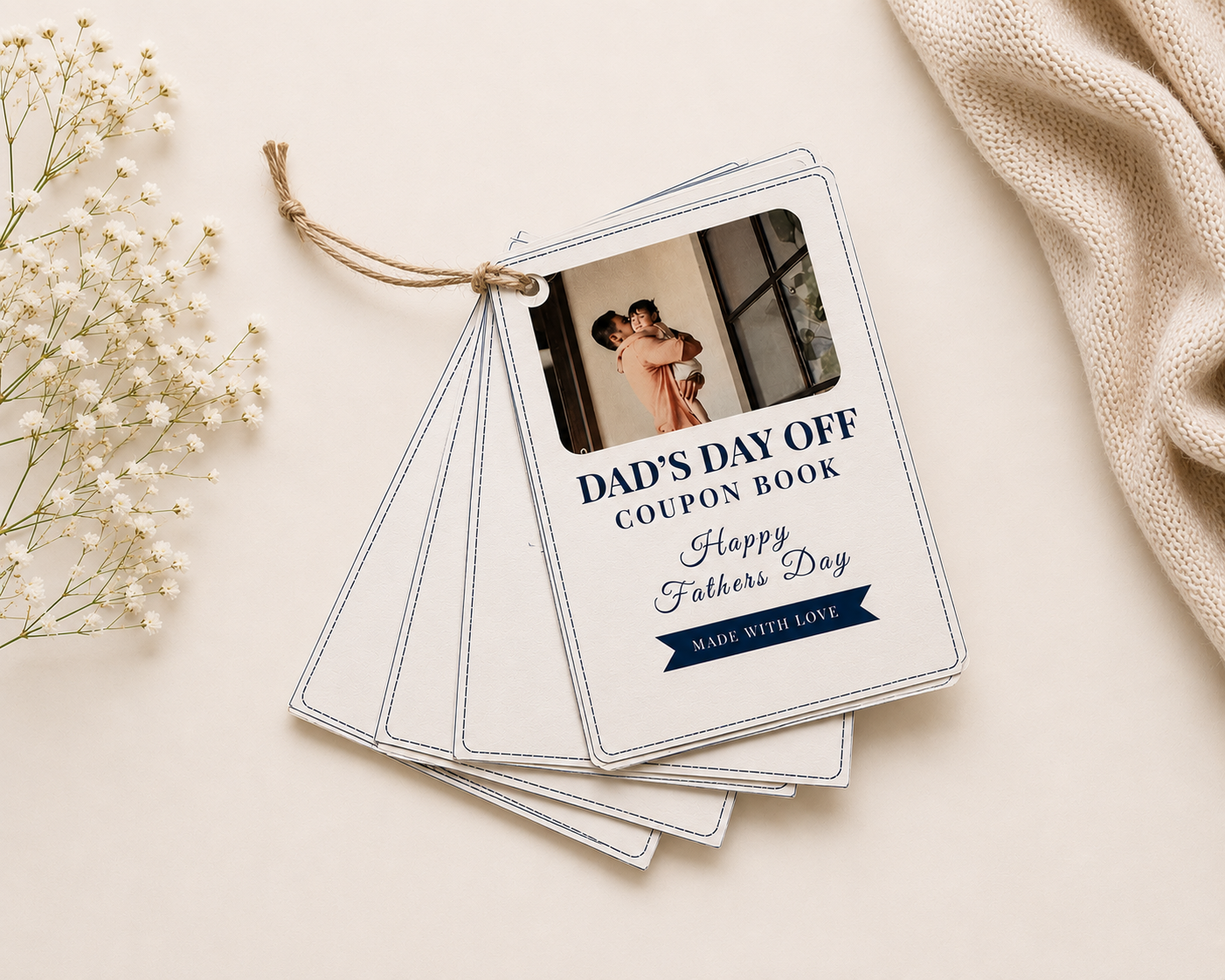 Dad's Day off coupon book with a photo of a couple on a beige background