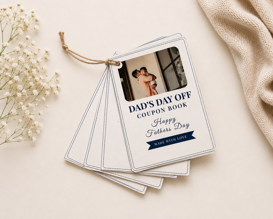Dad's Day off coupon book with a photo of a couple on a beige background