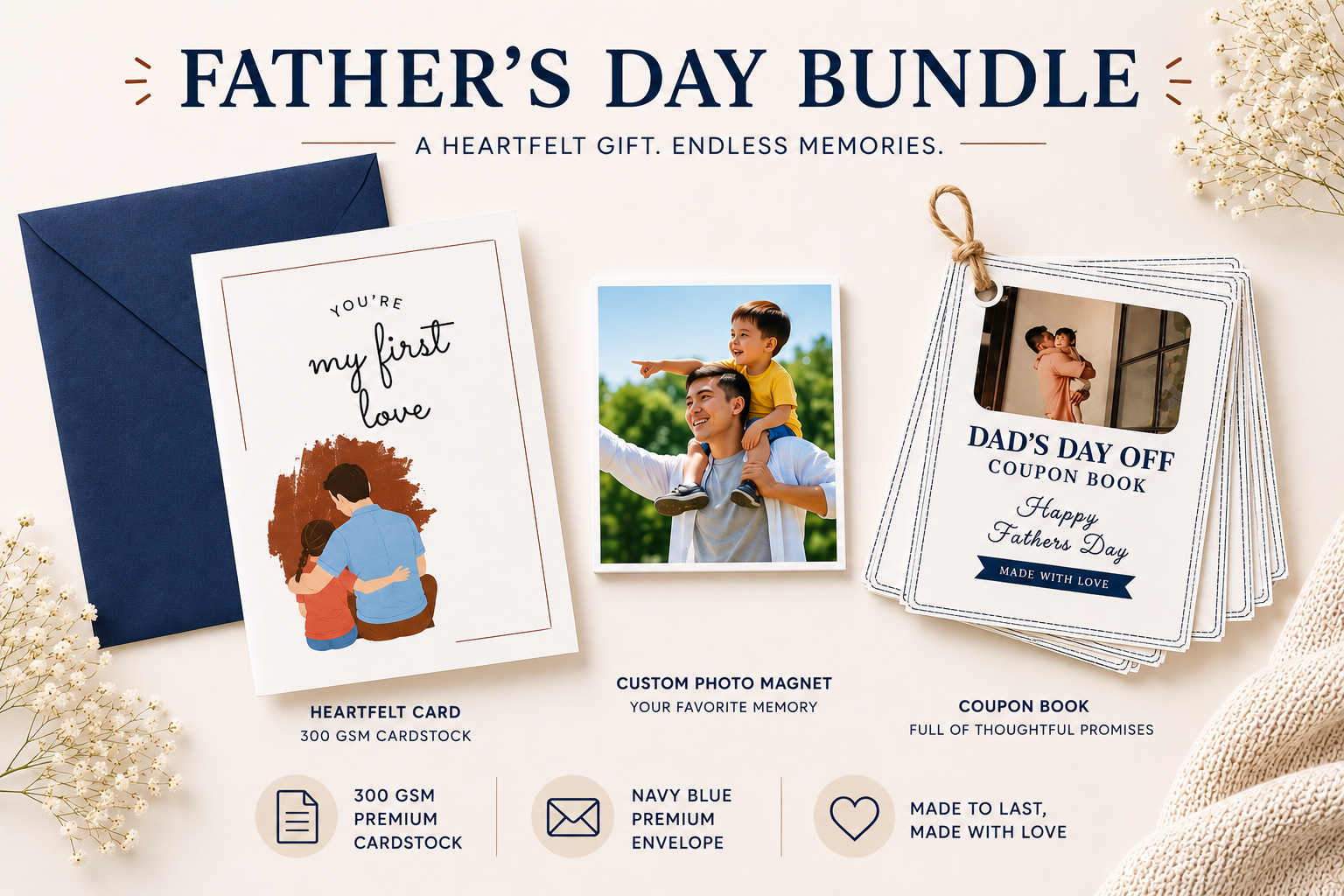 Father's Day bundle with cards, magnet, and coupon book on a light background.