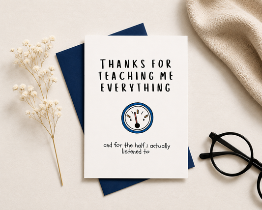 Greeting card with 'Thanks for teaching me everything' text on a light background with decorative elements.