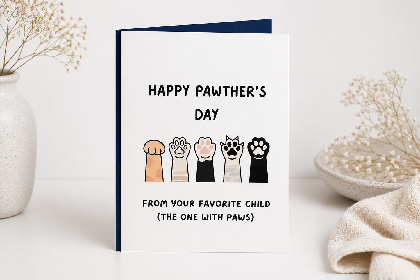 Card with paw prints and text for Father's Day on a white background