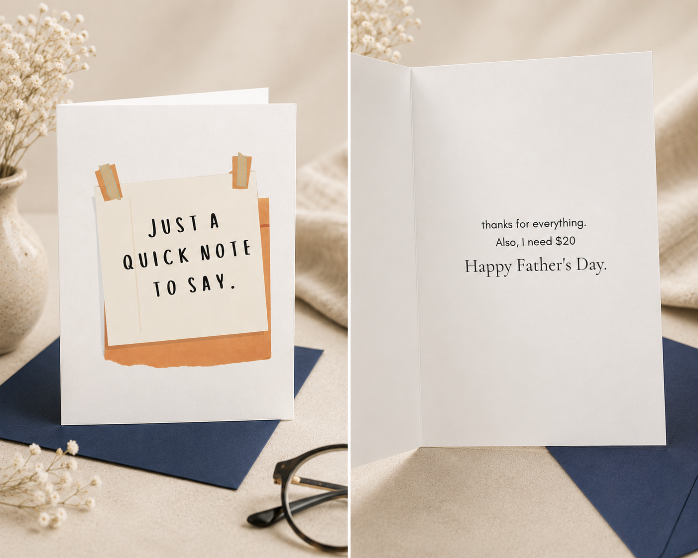 Inside of funny Father's Day card reading thanks for everything also I need $20 Happy Father's Day