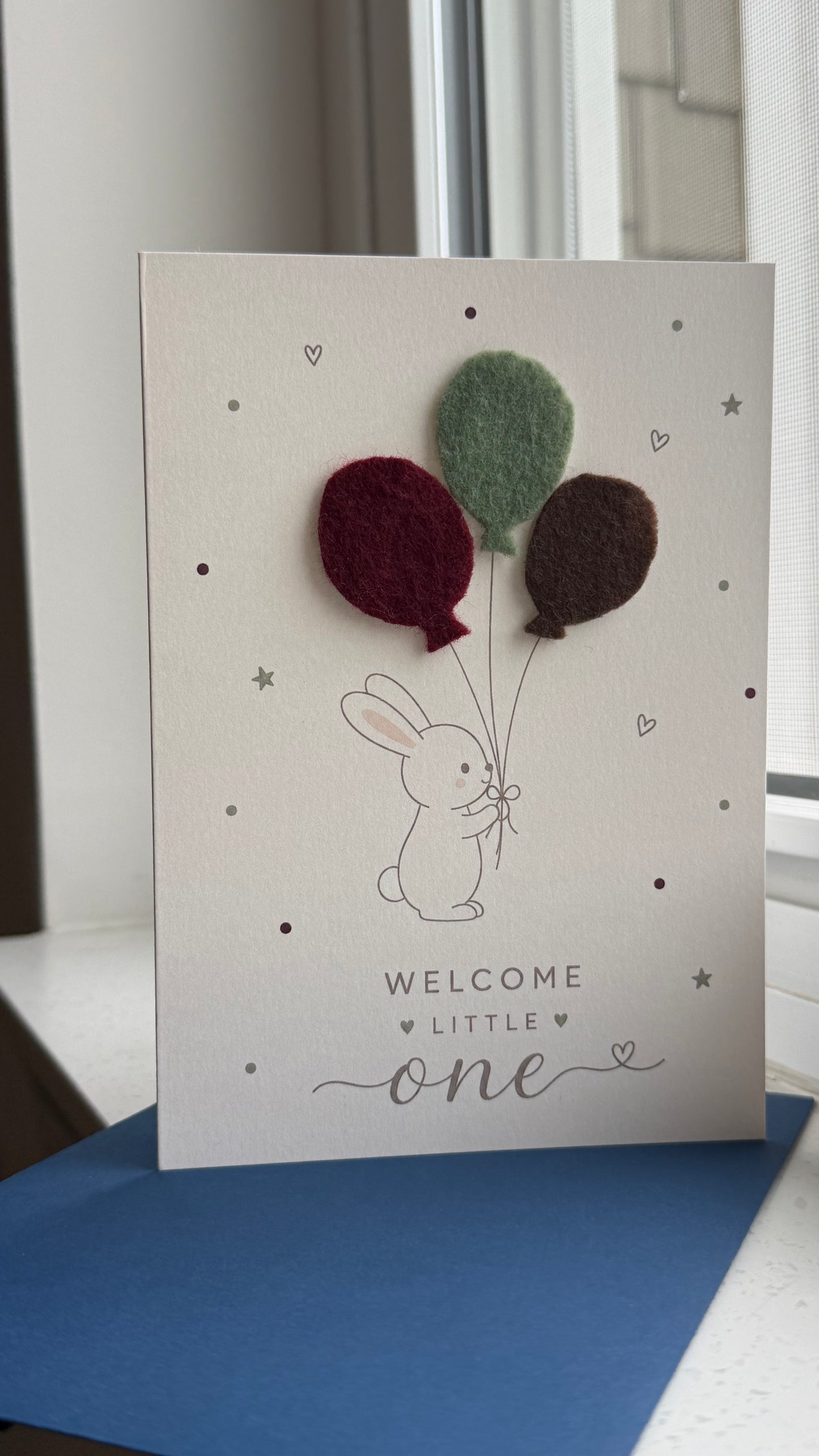 Welcome Little One Baby Card | Cute Bunny with Felt Balloons | Gender Neutral Newborn Card