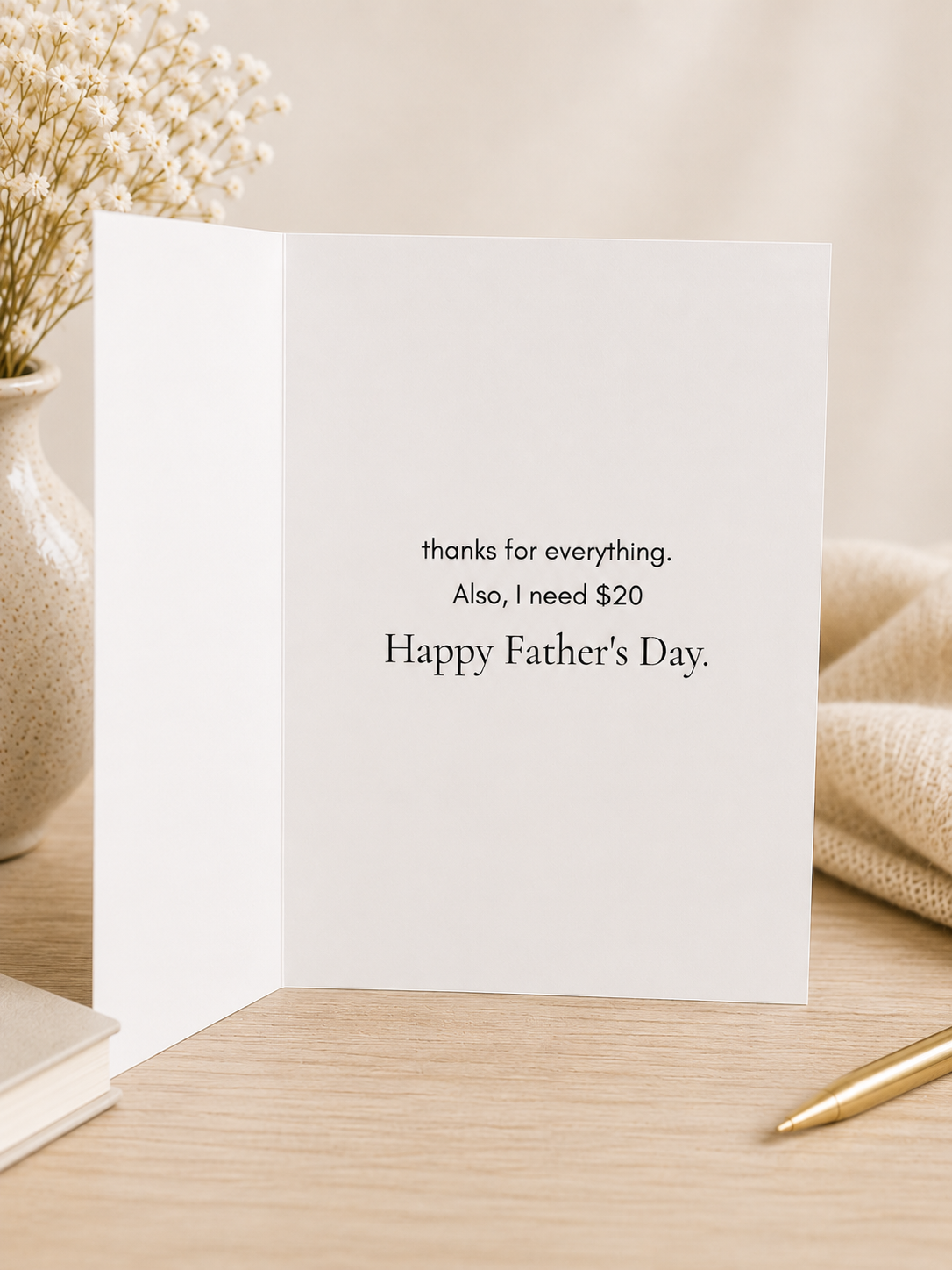 Inside of funny Father's Day card reading thanks for everything also I need $20 Happy Father's Day
